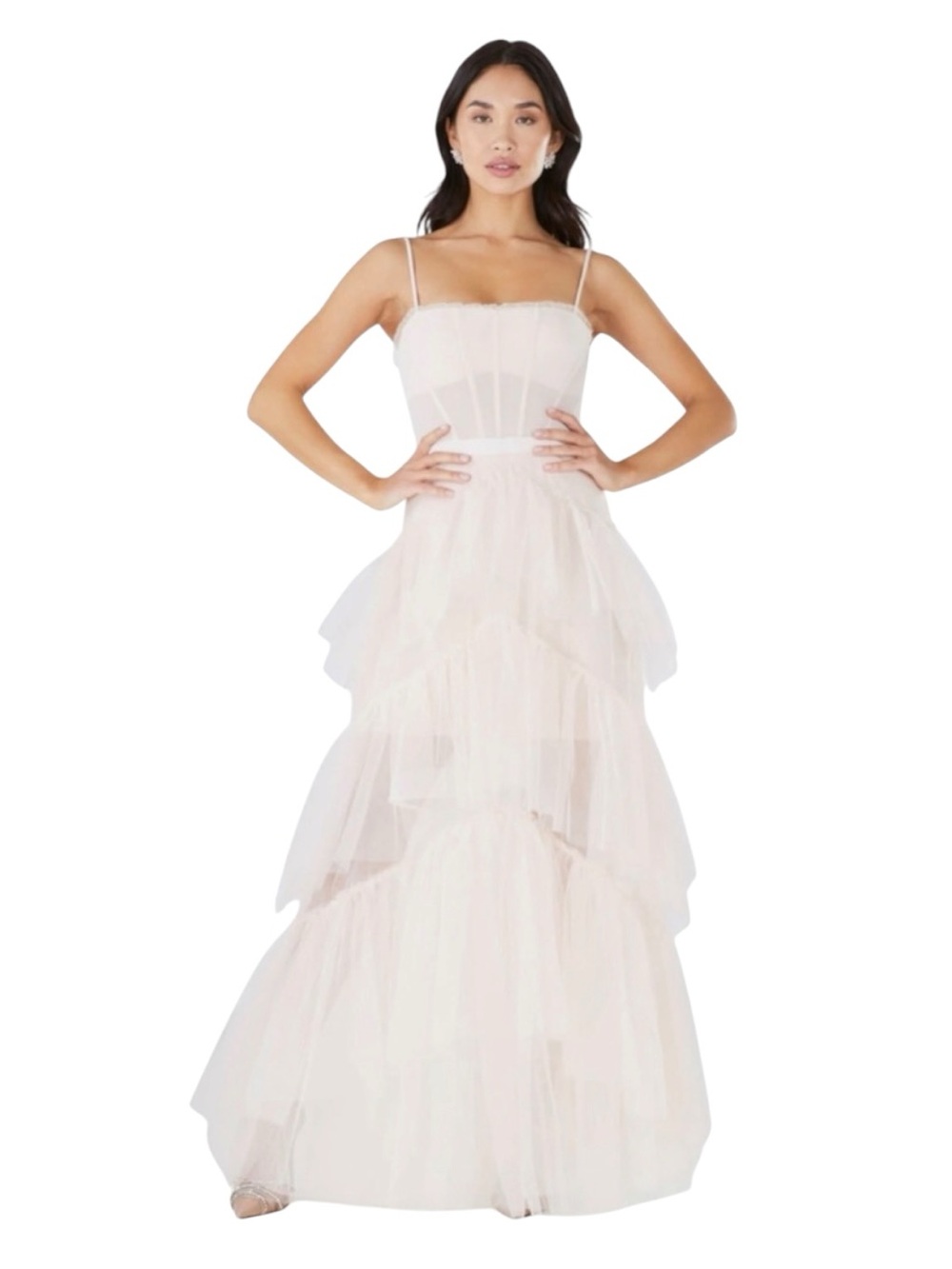 NWT! BCBGMAXAZRIA Oly Tiered Ruffle Tulle Gown – Gardenia Ivory - Size 10